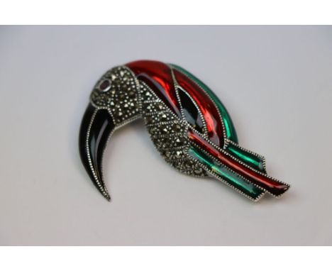 Silver and enamel set brooch in the form of a toucan with ruby eye