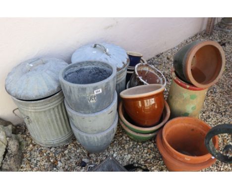 Two Dustbins plus Ceramic and Terracotta Garden Pots, Chimney Pot, etc (19 items total)