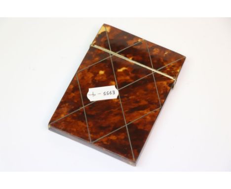 Vintage Tortoiseshell Card case with diamond pattern metal inlay and hinged lid, measures approx 10.5 x 8 x 1cm