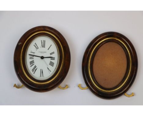 Cartier Easel type Pendulette Travel Alarm Clock with matching Photograph frame both with Wood effect Enamel &amp; Gilt Brass