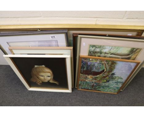 Seven Pictures including Oil Painting, Watercolours and a Retro Print of a Girl