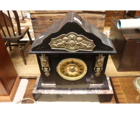 Large Victorian Slate and Marble Mantle Clock of Architectural Form with Gilt Face and Brass Mounts, 50cms high (glass cover 