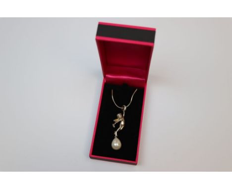 Silver cherub pendant necklace with pearl drop on silver chain