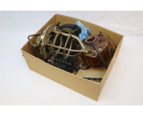 Brass Ships Hanging Light together with Wrought Iron and Amber Glass Light Fittings