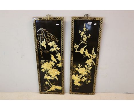 Two Oriental Lacquered Hanging Panels with Mother of Pearl Effect Decoration of Birds, 92cms x 30cms