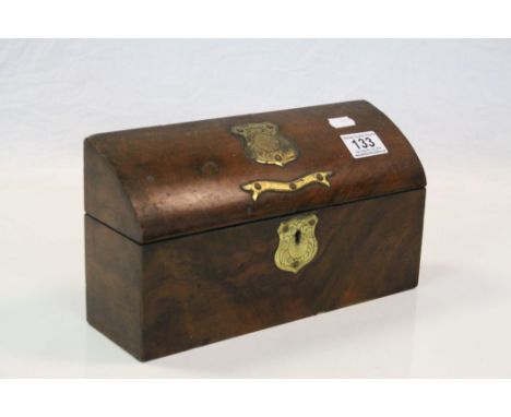 Vintage Walnut veneer Writing or Letters box with hinged lid &amp; brass Escutcheon etc, contains original lock &amp; keys, m