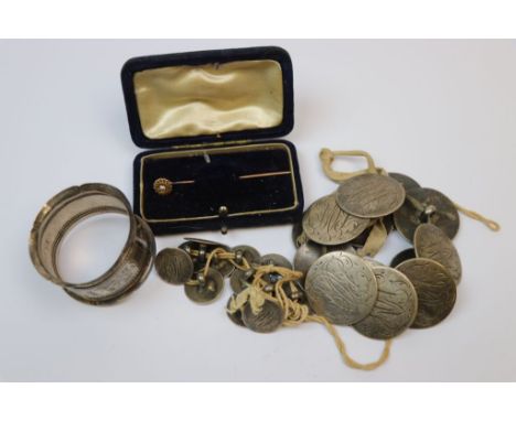 Collection of 19th Century Monogrammed white metal Buttons in two sizes, a Hallmarked Silver Napkin ring and a cased Diamond 