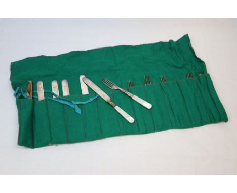 Rolled set of six Silver plated fruit knives &amp; forks with Mother of Pearl handles