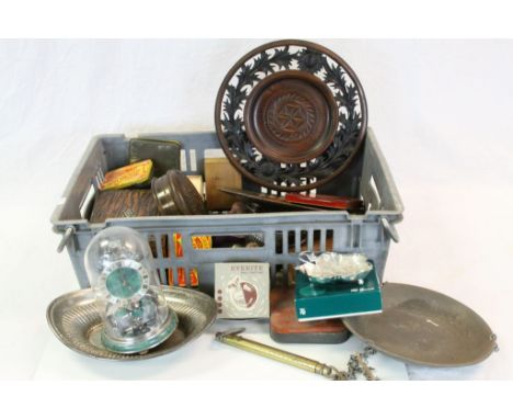 Two boxes of mixed collectables to include Tins, Wooden boxes, Balance scales, Large Light bulbs etc