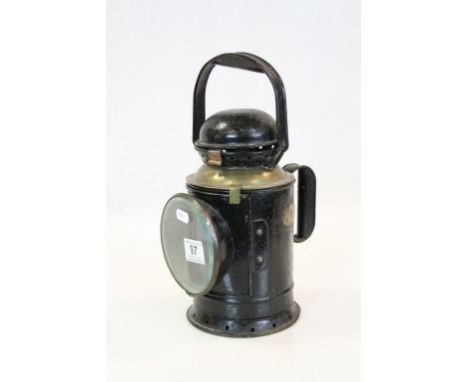 Vintage LMS Railway Guards lamp, with internal coloured Glass and fittings, stands approx 32cm including the carry handle