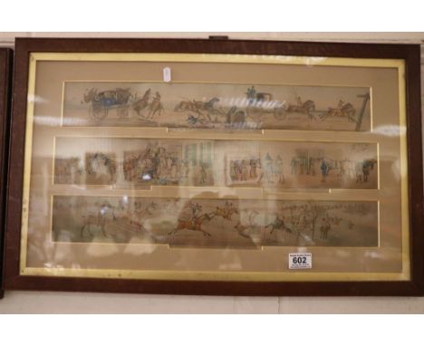 Pair of Oak Framed and Glazed Antique Hunting and Coaching Scene Annotated Coloured Engravings, each picture containing three