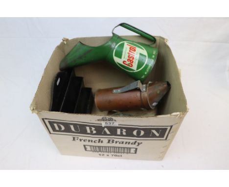 Vintage Wakefield Castrol Enamel Oil Can, Copper Bee Smoker, Metal Stationery Rack, Vintage Childs Bucket, BSA Motorbike Bag,
