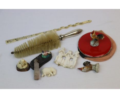 Bag of mixed collectables to include Silver handled Bottle Brush, Ceramic Animals, Compact etc