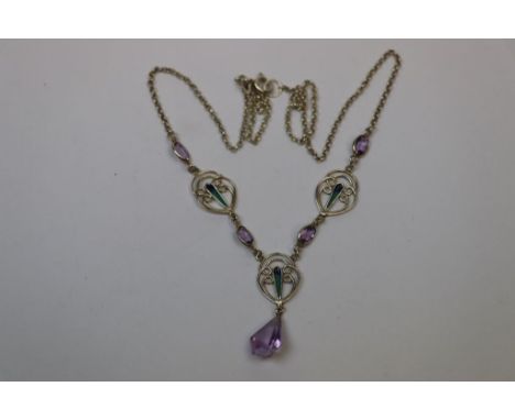 Arts &amp; crafts style Silver, Enamel &amp; Amethyst Necklace