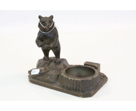 Vintage Black Forest carved Wooden ashtray &amp; matchbox stand with Bear, stands approx 15cm