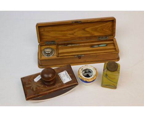 Vintage Hardwood Pen box with built in Inkwell, measures approx 26 x 8 x 5.5cm, a black Forest wooden Blotter a ceramic Inkwe
