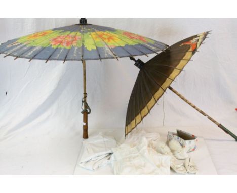 Two vintage Parasols, childs shoes, &amp; fabrics