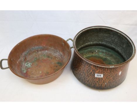 Copper Hammered Cauldron, Copper Jam Pan and a Pair of Iron Fire Dogs