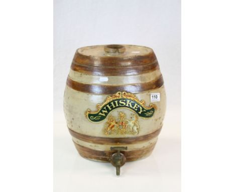 19th Century Stoneware "Whiskey" Barrel with Brass tap, the front marked "Whiskey" with Royal Coat of Arms, top marked "Paten