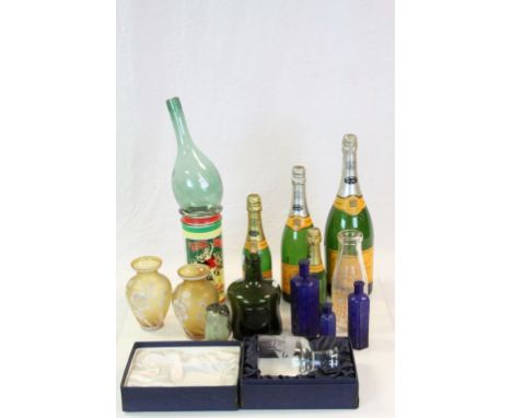 Box of vintage collectable Glass items to include Poison Bottles, Wedgewood Glass Owl paperweight, Display Champagne Bottles 