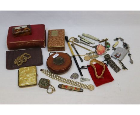 Mixed collectables to include Costume jewellery, Tortoiseshell covered trinket Box, Tape measure in leather covered case etc