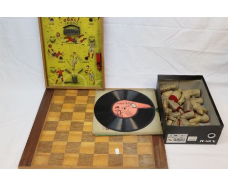 Bishops and Knights Chess Set, Wooden Chess Board, Vintage ' Match ' Bagatelle Board amd a Magi-Trak Horse Racing Record Game