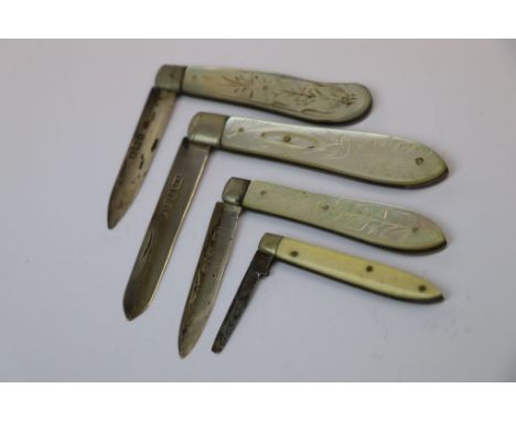 Three Hallmarked Silver &amp; Mother of Pearl fruit Knives plus another