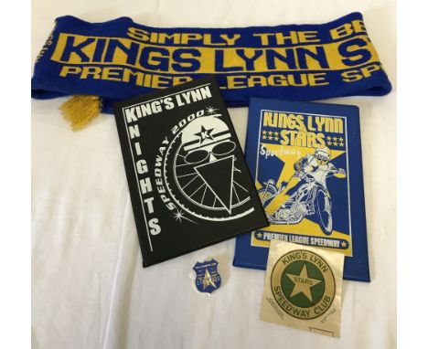 A small collection of King's Lynn Speedway items. Comprising:- 1966 car sticker (water transfer slide), 2 programme boards, b