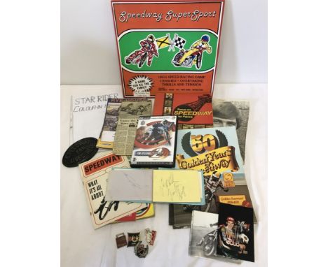 A box of assorted speedway items. To include:- Speedway Super Sport Game, books & magazines, c1970's autograph book with auto