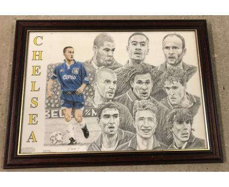 Chelsea FC print of players c1996. By Richard Crabtree. Framed & glazed. 16 x 23 inches