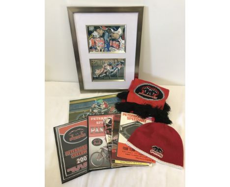 A small collection of Peterborough Speedway items. Comprising:- 2 programme boards, hat, scarf, Hans Andersen 8x11 inch actio