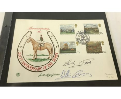 A commemorative first day cover of 200th Anniversary of The Derby. Signed by Lester Piggott and Willie Carson. 