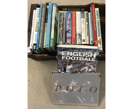 A box of assorted sports related books to include football, cricket and snooker.  