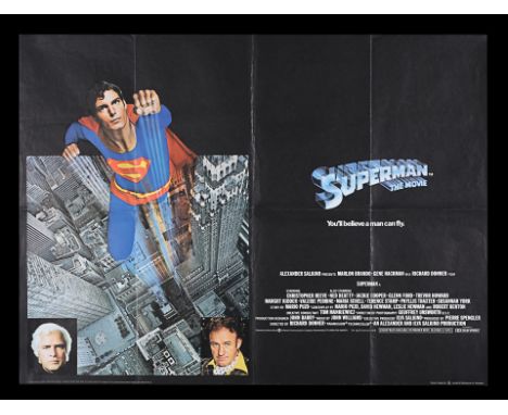 UK Quad general release poster for "Superman" (1978). The poster shows Christopher Reeve in a suitably dynamic guise.30" x 40