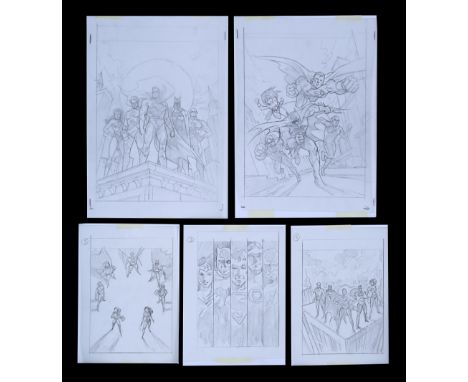 Five pieces of original poster concept artwork by Mike Hobson for the animated film "Justice League: Crisis on Two Earths" (2