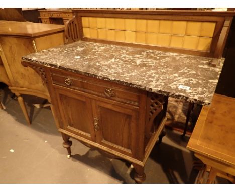 Tile backed oak wash stand with marble top 107 x 52 cm