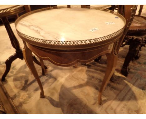 Reproduction Kingwood inlaid circular lamp table having a circualr galleried marble top 