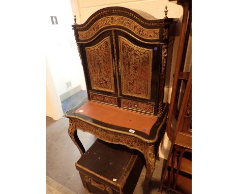 19thC French ebonised Bonheur Du Jour with a dome top two door cupboard above a single drawer stand CONDITION REPORT: Cigaret