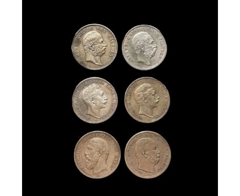 6 SilbermünzenDeutschland 19. und 20.Jh.; jeweils 5 Mark; 2x Georg von Sachsen 1900 u. 1903; 2x Wilhelm II Preussen 1901 u. 1