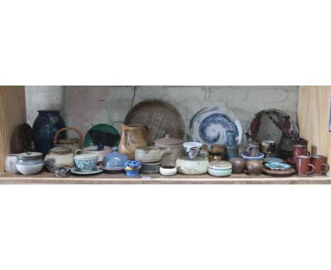 A shelf of mainly studio pottery, various potters and studios, approx. 50 pieces.  