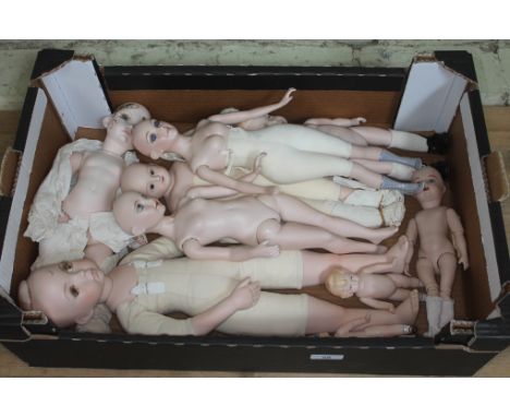 A box containing 9 ceramic dolls in a variety of sizes.  