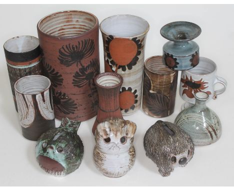 12 pieces of Briglin studio pottery including three animal money banks.  