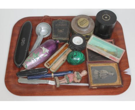 A tray of various items including a Zeiss Ikon Ikophot, a Medicine Glass Measure in leather case, an Abu Svangsta fishing spi