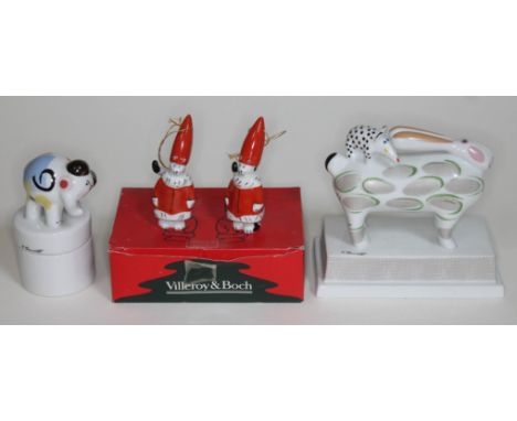 Three Villeroy &amp; Bosch ornaments comprising a pair of Magic Santa Clause xmas tree decorations, a trinket box with elepha