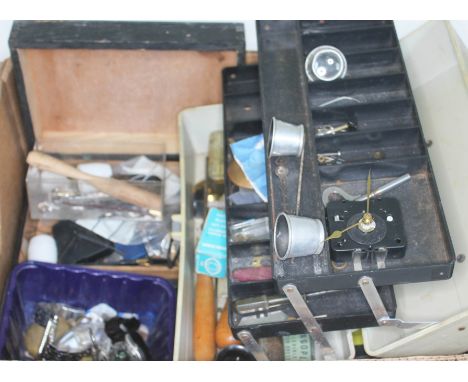 A box of watchmakers tools, accessories and spares. etc.  