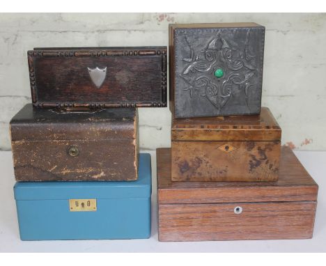 A mixed lot of boxes comprising a parquetry inlaid tea caddy, a velvet and silk lined writing box, an Edwardian jewellery box