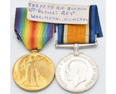 British Army WW1 medals comprising War Medal and Victory Medal named to 20277 Pte A H Burden, 12th Battalion Gloucestershire 
