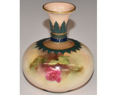 James Hadley for Royal Worcester squat vase decorated with flowers, H10.5cm