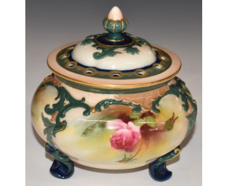 James Hadley for&nbsp;Royal Worcester footed pot pourri decorated with roses, shape 183 and Hadley and Royal Worcester mark t