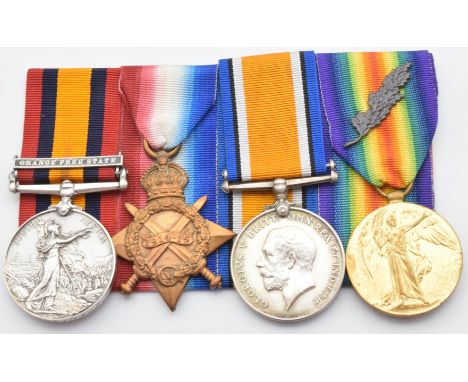 British Army WW1 medals comprising 1914/1915 Star, War Medal and Victory Medal with oak leaf emblem, named to Lieutenant Colo